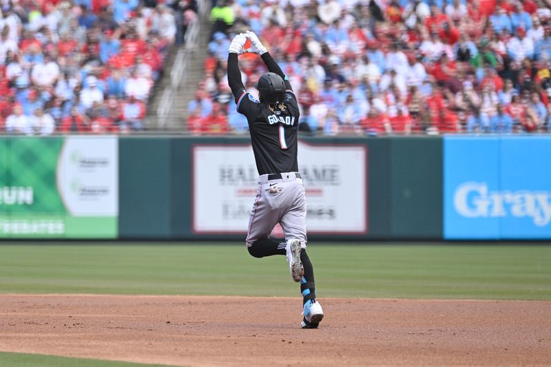 Apr 7, 2024; St. Louis, Missouri, USA; Miami Marlins outfielder Nick Gordon (1) reacts after hitting a three run home run against the St. Louis Cardinals during the first inning at Busch Stadium. Mandatory Credit: Jeff Le-USA TODAY Sports