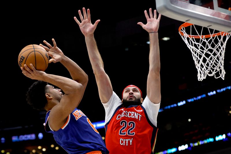 NEW ORLEANS, LOUISIANA - OCTOBER 28: Quentin Grimes #6 of the New York Knicks shoots over Larry Nance Jr. #22 of the New Orleans Pelicans during the third quarter of an NBA game at Smoothie King Center on October 28, 2023 in New Orleans, Louisiana. NOTE TO USER: User expressly acknowledges and agrees that, by downloading and or using this photograph, User is consenting to the terms and conditions of the Getty Images License Agreement. (Photo by Sean Gardner/Getty Images)