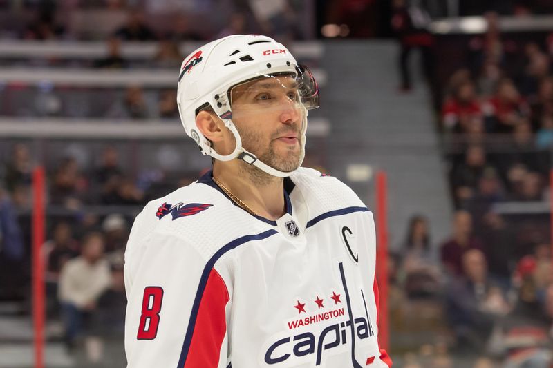 Oct 20, 2022; Ottawa, Ontario, CAN; Washington Capitals left wing Alex Ovechkin (8) skates during a break in play in the second period against the Ottawa Senators at the Canadian Tire Centre. Mandatory Credit: Marc DesRosiers-USA TODAY Sports