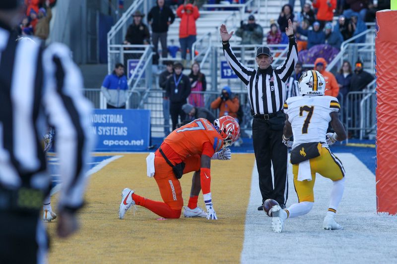 Oct 28, 2023; Boise, Idaho, USA; Boise State Broncos wide receiver Prince Strachan scores during the second half against the Wyoming Cowboys at Albertsons Stadium. Boise State defeats Wyoming 32-7. Mandatory Credit: Brian Losness-USA TODAY Sports
