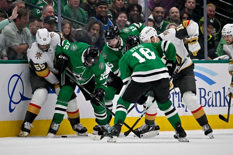 May 5, 2024; Dallas, Texas, USA; Dallas Stars center Radek Faksa (12) and center Craig Smith (15) and center Sam Steel (18) battle for control of the puck with Vegas Golden Knights right wing Keegan Kolesar (55) and center Nicolas Roy (10) during the first period in game seven of the first round of the 2024 Stanley Cup Playoffs at American Airlines Center. Mandatory Credit: Jerome Miron-USA TODAY Sports