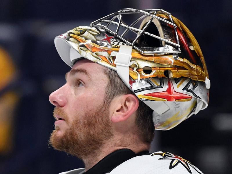 Apr 4, 2023; Nashville, Tennessee, USA; Vegas Golden Knights goaltender Jonathan Quick (32) during the first period against the Nashville Predators at Bridgestone Arena. Mandatory Credit: Christopher Hanewinckel-USA TODAY Sports