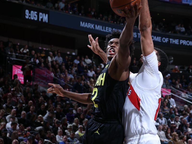 SALT LAKE CITY, UT - JANUARY 12: Colin Sexton #2 of the Utah Jazz drives to the basket during the game against the Toronto Raptors on January 12, 2024 at Delta Center in Salt Lake City, Utah. NOTE TO USER: User expressly acknowledges and agrees that, by downloading and or using this Photograph, User is consenting to the terms and conditions of the Getty Images License Agreement. Mandatory Copyright Notice: Copyright 2024 NBAE (Photo by Melissa Majchrzak/NBAE via Getty Images)