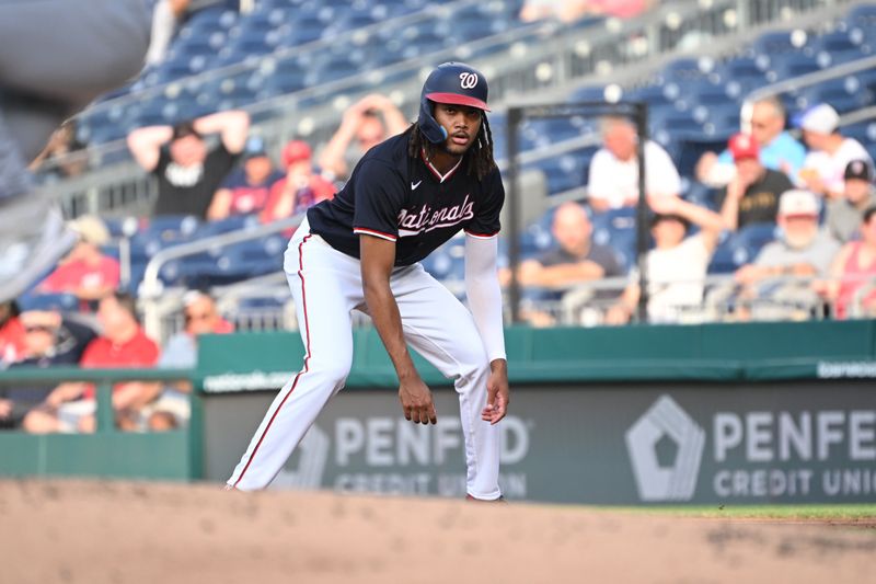 Jul 3, 2024; Washington, District of Columbia, USA; Washington Nationals center fielder James Wood (50) looks towards the pitcher's mound against the New York Mets during the first inning at Nationals Park. Mandatory Credit: Rafael Suanes-USA TODAY Sports