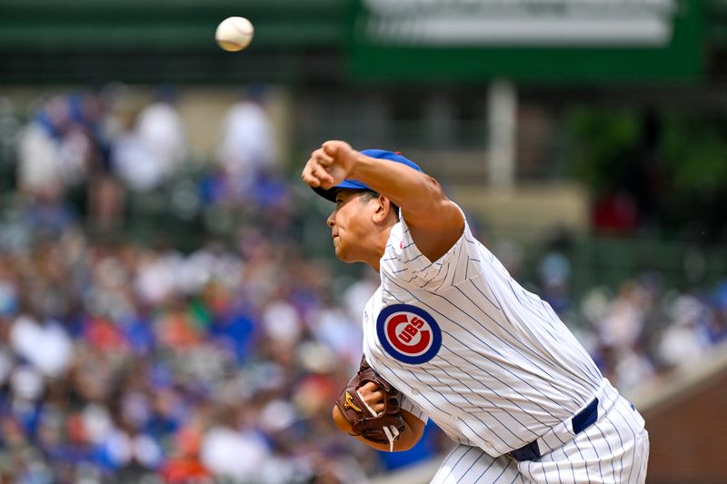 Aug 18, 2024; Chicago, Illinois, USA; Chicago Cubs pitcher Shota Imanaga (18) delivers against the Toronto Blue Jays during the first inning at Wrigley Field. Mandatory Credit: Matt Marton-USA TODAY Sports