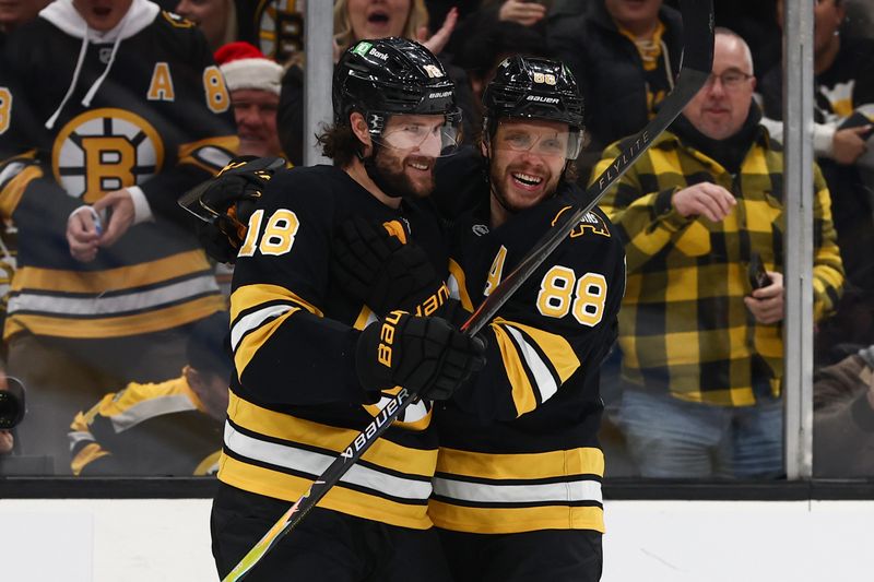 Dec 18, 2025; Boston, Massachusetts, USA; Boston Bruins center Pavel Zacha (18) celebrates with right wing David Pastrnak (88) after scoring against the Edmonton Oilers during the first period at TD Garden. Mandatory Credit: Winslow Townson-Imagn Images