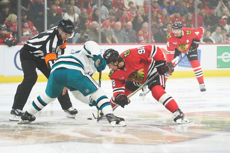 Oct 17, 2024; Chicago, Illinois, USA; San Jose Sharks center Mikael Granlund (64) and Chicago Blackhawks center Connor Bedard (98) face off during the first period at United Center. Mandatory Credit: David Banks-Imagn Images