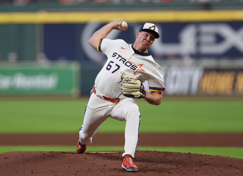 May 12, 2025; Houston, Texas, USA;Houston Astros starting pitcher Ryan Gusto (67) pitches against the Kansas City Royals in the second inning at Daikin Park. Mandatory Credit: Thomas Shea-Imagn Images