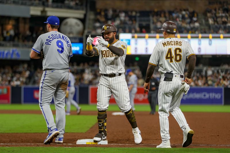 May 16, 2023; San Diego, California, USA; San Diego Padres second baseman Rougned Odor (24) celebrates with the dugout after hitting a single against the Kansas City Royals in the eight inning at Petco Park. Mandatory Credit: David Frerker-USA TODAY Sports