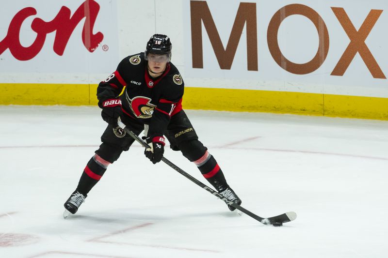 Apr 13, 2025; Ottawa, Ontario, CAN; Ottawa Senators center Tim Stutzle (18) controls the puck in overtime against the Philadelphia Flyers at the Canadian Tire Centre. Mandatory Credit: Marc DesRosiers-Imagn Images