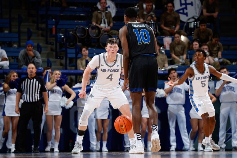 Mar 4, 2023; Colorado Springs, Colorado, USA; San Jose State Spartans guard Omari Moore (10) controls the ball as Air Force Falcons guard Carter Murphy (4) guards in the second half at Clune Arena. Mandatory Credit: Isaiah J. Downing-USA TODAY Sports