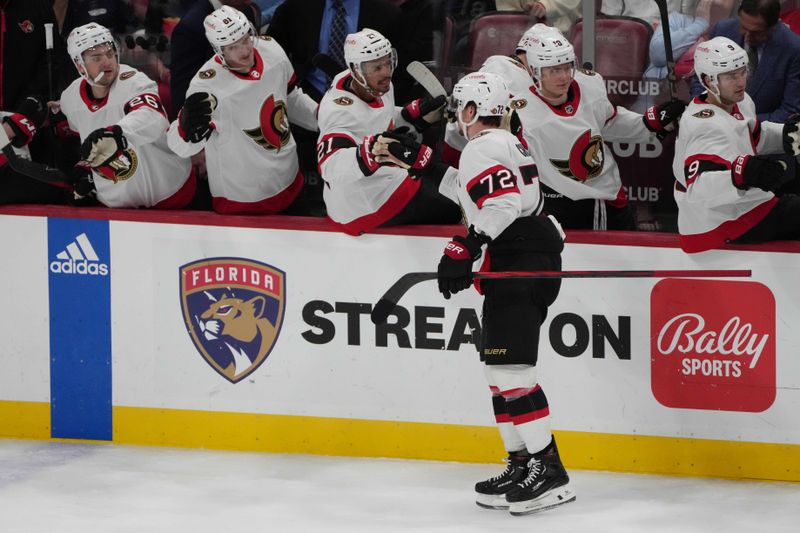 Feb 20, 2024; Sunrise, Florida, USA; Ottawa Senators defenseman Thomas Chabot (72) celebrates a goal against the Florida Panthers during the third period at Amerant Bank Arena. Mandatory Credit: Jim Rassol-USA TODAY Sports