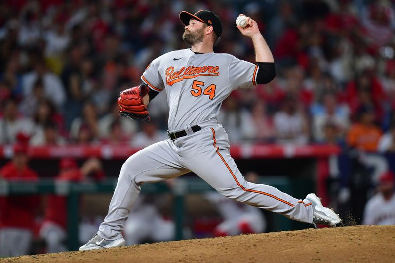 Sep 5, 2023; Anaheim, California, USA; Baltimore Orioles relief pitcher Danny Coulombe (54) throws against the Los Angeles Angels during the seventh inning at Angel Stadium. Mandatory Credit: Gary A. Vasquez-USA TODAY Sports