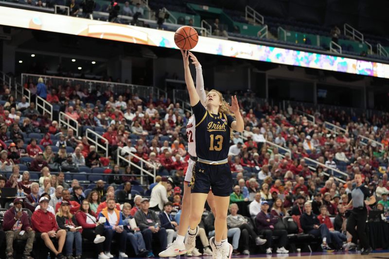 Mar 9, 2024; Greensboro, NC, USA; Notre Dame Fighting Irish guard Anna DeWolfe (13) shoots the ball over Notre Dame Fighting Irish forward Kylee Watson (22) during the second half at Greensboro Coliseum. Mandatory Credit: David Yeazell-USA TODAY Sports