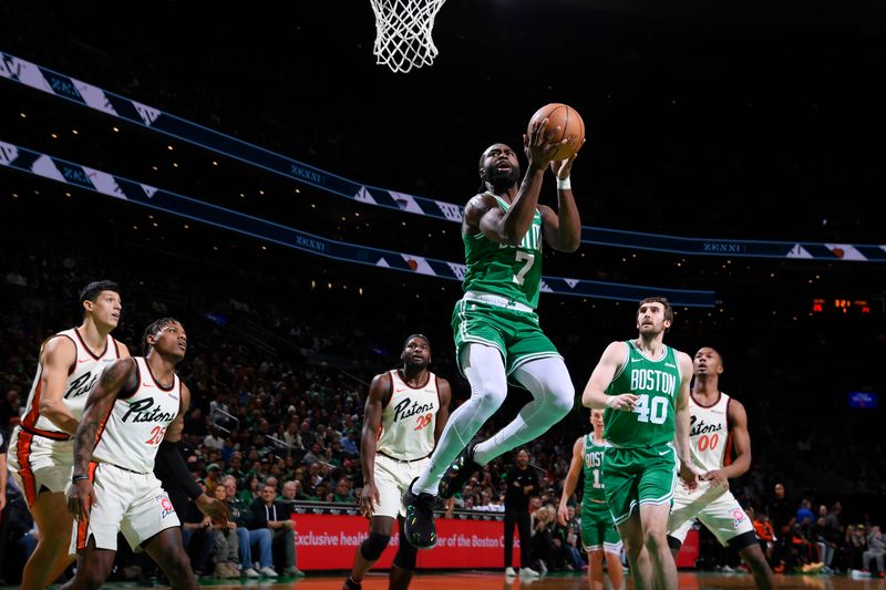 BOSTON, MA - DECEMBER 4: Jaylen Brown #7 of the Boston Celtics drives to the basket during the game against the Detroit Pistons on December 4, 2024 at TD Garden in Boston, Massachusetts. NOTE TO USER: User expressly acknowledges and agrees that, by downloading and/or using this Photograph, user is consenting to the terms and conditions of the Getty Images License Agreement. Mandatory Copyright Notice: Copyright 2024 NBAE (Photo by Brian Babineau/NBAE via Getty Images)