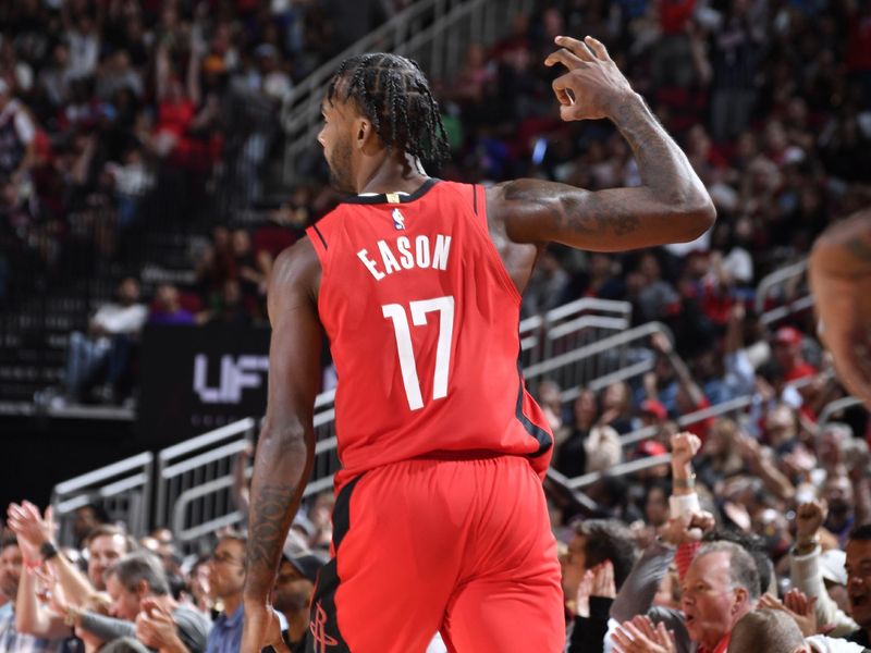 HOUSTON, TX - OCTOBER 25: Tari Eason #17 of the Houston Rockets celebrates during the game against the Memphis Grizzlies on October 25, 2024 at the Toyota Center in Houston, Texas. NOTE TO USER: User expressly acknowledges and agrees that, by downloading and or using this photograph, User is consenting to the terms and conditions of the Getty Images License Agreement. Mandatory Copyright Notice: Copyright 2024 NBAE (Photo by Logan Riely/NBAE via Getty Images)