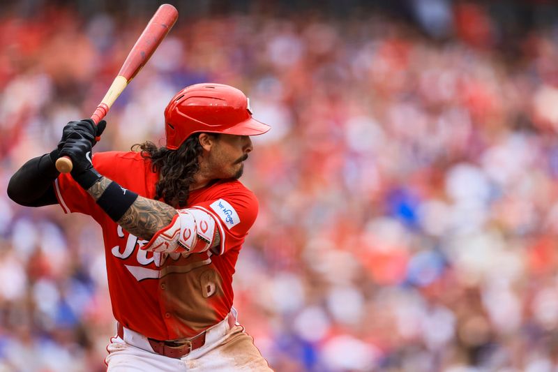 Jun 8, 2024; Cincinnati, Ohio, USA; Cincinnati Reds second baseman Jonathan India (6) at bat against the Chicago Cubs in the fifth inning at Great American Ball Park. Mandatory Credit: Katie Stratman-USA TODAY Sports