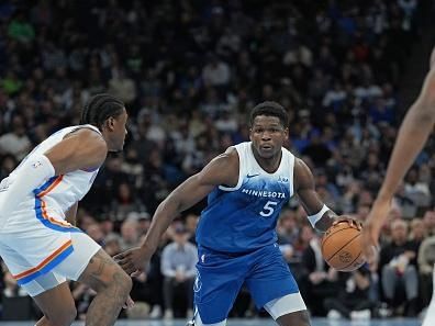 MINNEAPOLIS, MN -  NOVEMBER 28: Anthony Edwards #5 of the Minnesota Timberwolves dribbles the ball during the game against the Oklahoma City Thunder during the In-Season Tournament on November 28, 2023 at Target Center in Minneapolis, Minnesota. NOTE TO USER: User expressly acknowledges and agrees that, by downloading and or using this Photograph, user is consenting to the terms and conditions of the Getty Images License Agreement. Mandatory Copyright Notice: Copyright 2023 NBAE (Photo by Jordan Johnson/NBAE via Getty Images)