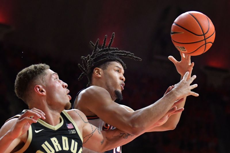 Mar 5, 2024; Champaign, Illinois, USA; Purdue Boilermakers forward Mason Gillis and Illinois Fighting Illini forward Ty Rodgers (20) vie for a loose ball during the second half at State Farm Center. Mandatory Credit: Ron Johnson-USA TODAY Sports