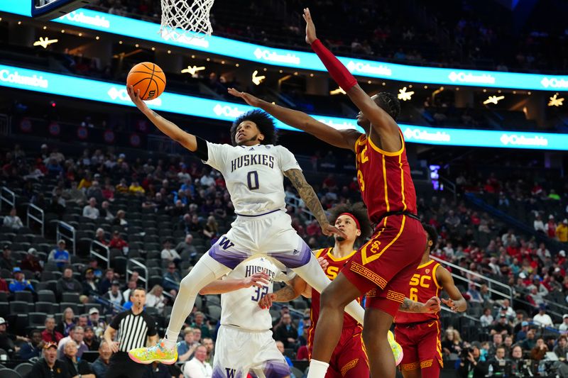 Mar 13, 2024; Las Vegas, NV, USA; Washington Huskies guard Koren Johnson (0) shoots against the USC Trojans during the first half at T-Mobile Arena. Mandatory Credit: Stephen R. Sylvanie-USA TODAY Sports