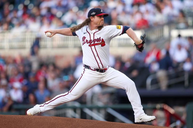 May 12, 2025; Atlanta, Georgia, USA; Atlanta Braves starting pitcher Grant Holmes (66) throws against the Washington Nationals in the first inning at Truist Park. Mandatory Credit: Brett Davis-Imagn Images
