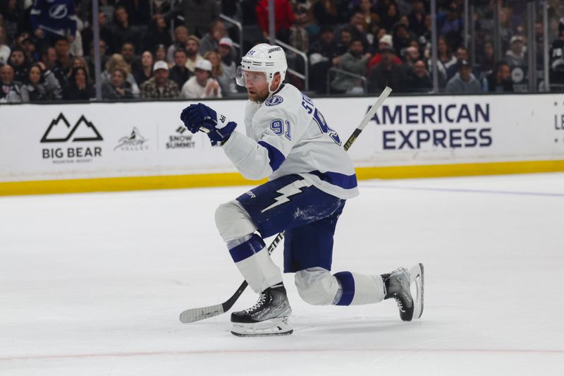 Mar 23, 2024; Los Angeles, California, USA; Tampa Bay Lighting defensemen Mikhail Sergachev (98) celebrates after scroring a goal during the third period against the Los Angeles Kings at Crypto.com Arena. Mandatory Credit: Yannick Peterhans-USA TODAY Sports