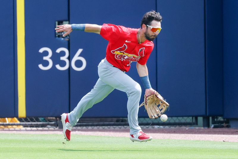 Mar 26, 2023; West Palm Beach, Florida, USA;  St. Louis Cardinals right fielder Scott Hurst cannot get to the ball in time during the fifth inning against the Houston Astros at The Ballpark of the Palm Beaches. Mandatory Credit: Reinhold Matay-USA TODAY Sports