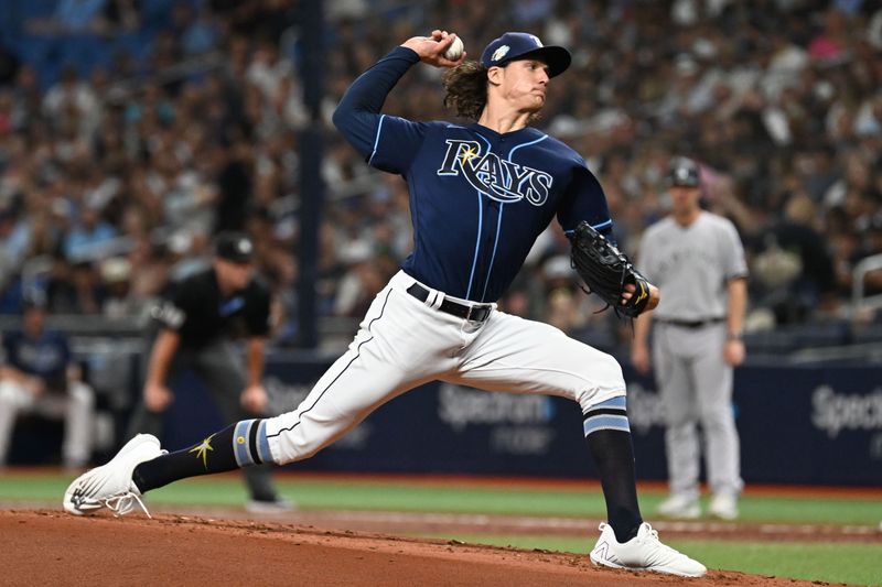 Aug 26, 2023; St. Petersburg, Florida, USA; Tampa Bay Rays pitcher Tyler Glasnow (20) throws a pitch against the New York Yankees in the second inning at Tropicana Field. Mandatory Credit: Jonathan Dyer-USA TODAY Sports