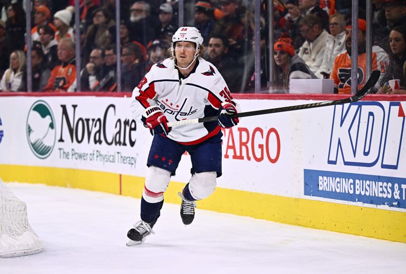 Dec 14, 2023; Philadelphia, Pennsylvania, USA; Washington Capitals defenseman Rasmus Sandin (38) in action against the Philadelphia Flyers in the first period at Wells Fargo Center. Mandatory Credit: Kyle Ross-USA TODAY Sports