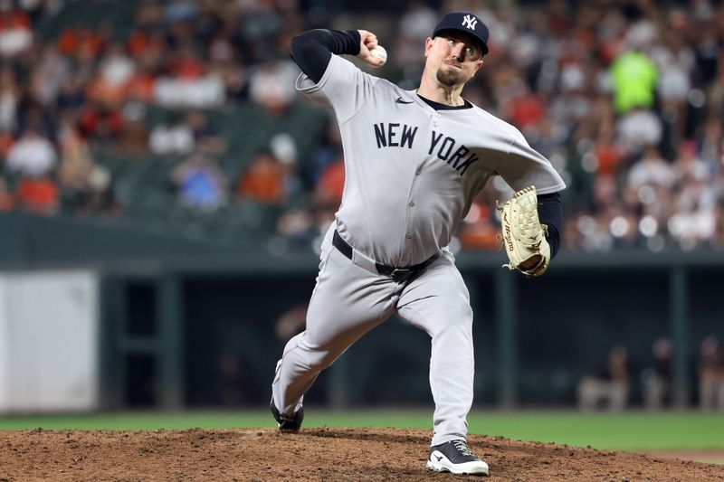 Sep 19, 2025; Baltimore, Maryland, USA; New York Yankees pitcher Mark Leiter Jr. (56) throws during the eighth inning against the Baltimore Orioles at Oriole Park at Camden Yards. Mandatory Credit: Daniel Kucin Jr.-Imagn Images