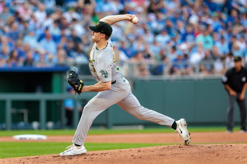 May 18, 2024; Kansas City, Missouri, USA; Oakland Athletics pitcher Brandon Bielak (37) pitching during the first inning against the Kansas City Royals at Kauffman Stadium. Mandatory Credit: William Purnell-USA TODAY Sports