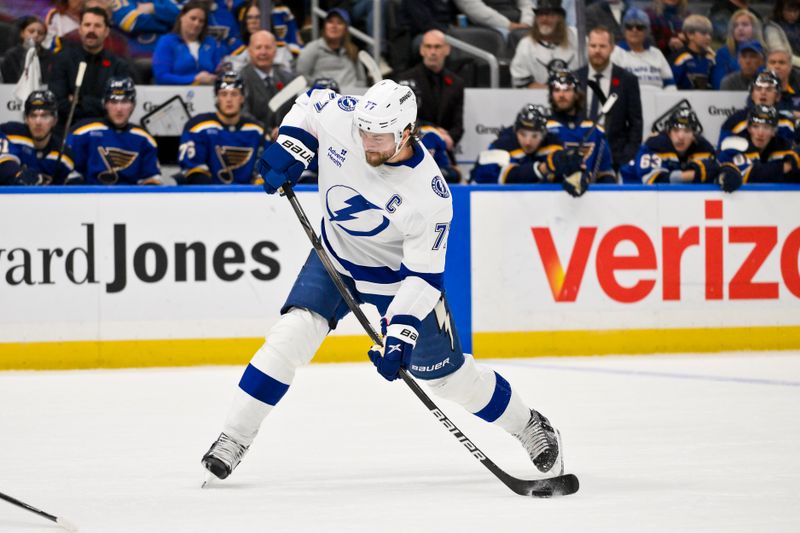 Nov 5, 2024; St. Louis, Missouri, USA;  Tampa Bay Lightning defenseman Victor Hedman (77) shoots against the Tampa Bay Lightning during the first period at Enterprise Center. Mandatory Credit: Jeff Curry-Imagn Images