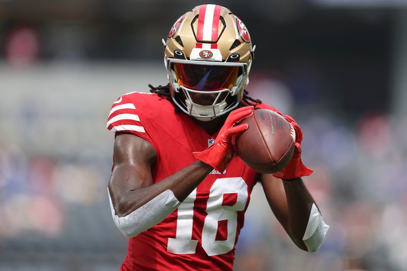 San Francisco 49ers wide receiver Chris Conley warms up before an NFL football game against the Los Angeles Rams, Sunday, Sept. 22, 2024, in Inglewood, Calif. (AP Photo/Ryan Sun)