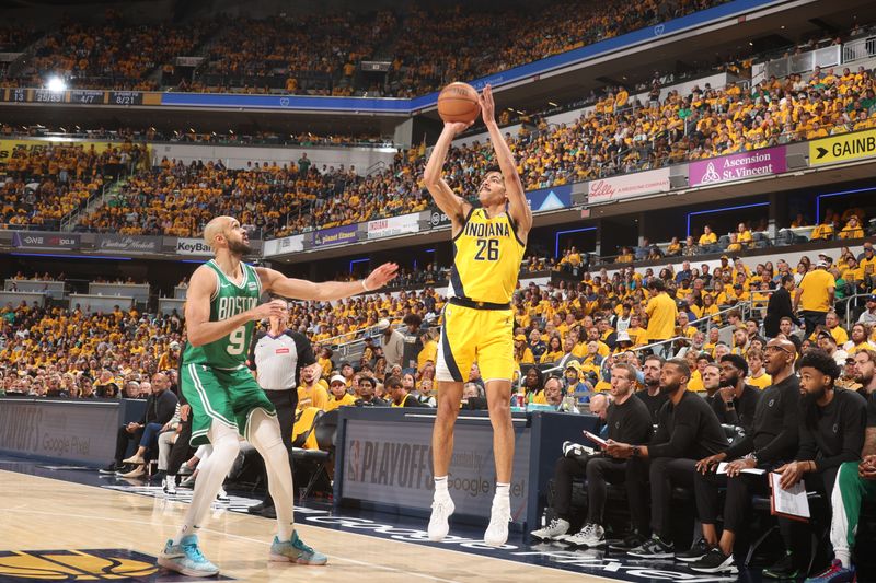 INDIANAPOLIS, IN - MAY 27: Ben Sheppard #26 of the Indiana Pacers  shoots a three point basket during the game against the Boston Celtics during Game 4 of the Eastern Conference Finals of the 2024 NBA Playoffs on May 27, 2024 at Gainbridge Fieldhouse in Indianapolis, Indiana. NOTE TO USER: User expressly acknowledges and agrees that, by downloading and or using this Photograph, user is consenting to the terms and conditions of the Getty Images License Agreement. Mandatory Copyright Notice: Copyright 2024 NBAE (Photo by Nathaniel S. Butler/NBAE via Getty Images)