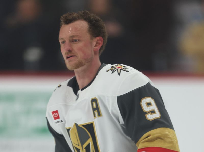 Mar 1, 2026; Pittsburgh, Pennsylvania, USA;  Vegas Golden Knights center Jack Eichel (9) warms up before the game against the Pittsburgh Penguins at PPG Paints Arena. Mandatory Credit: Charles LeClaire-Imagn Images