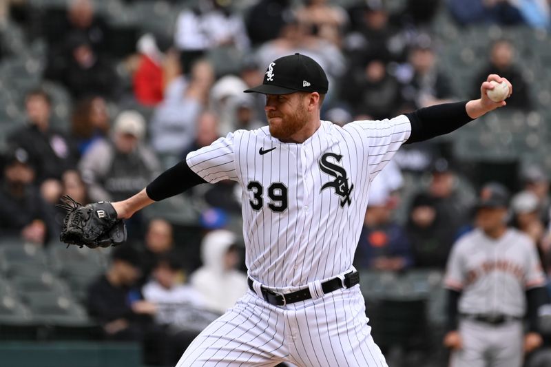 Apr 5, 2023; Chicago, Illinois, USA;  Chicago White Sox relief pitcher Aaron Bummer (39) delivers against the San Francisco Giants during the seventh inning at Guaranteed Rate Field. Mandatory Credit: Matt Marton-USA TODAY Sports