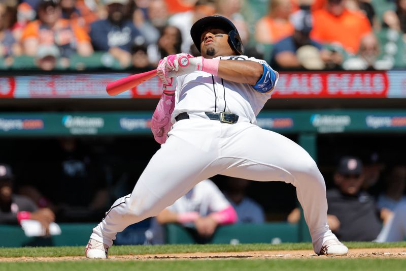 May 12, 2024; Detroit, Michigan, USA;  Detroit Tigers second baseman Andy Ibanez (77) reacts to an inside pitch in the fifth inning against the Houston Astros at Comerica Park. Mandatory Credit: Rick Osentoski-USA TODAY Sports