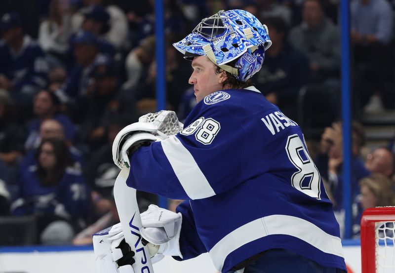 Apr 9, 2025; Tampa, Florida, USA; Tampa Bay Lightning goaltender Andrei Vasilevskiy (88) during the second period against the Tampa Bay Lightning at Amalie Arena. Mandatory Credit: Kim Klement Neitzel-Imagn Images
