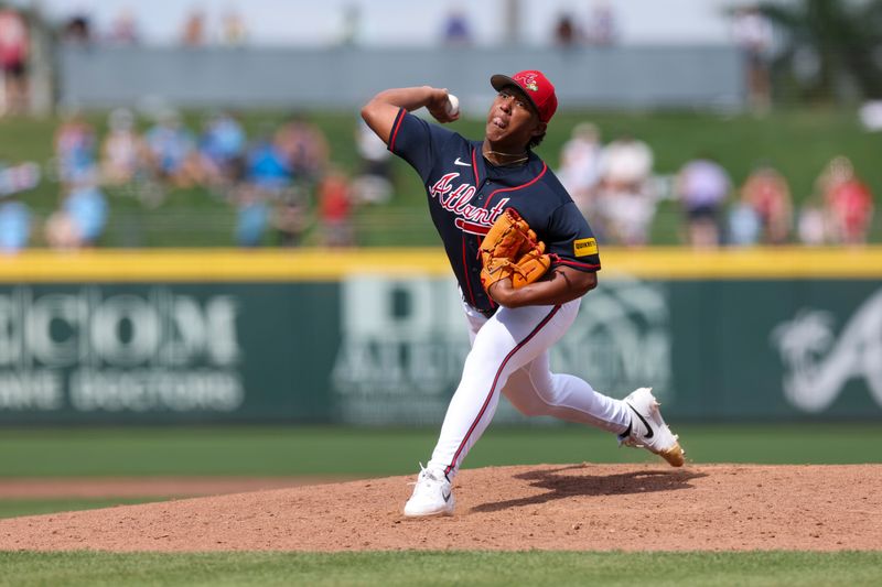 Mar 7, 2026; North Port, Florida, USA; Atlanta Braves pitcher Didier Fuentes (72) throws a pitch against the Baltimore Orioles in the sixth inning during spring Training at CoolToday Park. Mandatory Credit: Nathan Ray Seebeck-Imagn Images