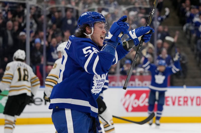 Apr 24, 2024; Toronto, Ontario, CAN; Toronto Maple Leafs forward Tyler Bertuzzi (59) reacts after scoring against the Boston Bruins during the third period of game three of the first round of the 2024 Stanley Cup Playoffs at Scotiabank Arena. Mandatory Credit: John E. Sokolowski-USA TODAY Sports