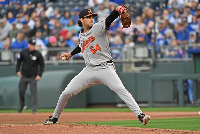 Apr 19, 2024; Kansas City, Missouri, USA; Baltimore Orioles starting pitcher Dean Kremer (64) delivers a pitch in the first inning against the Kansas City Royals at Kauffman Stadium. Mandatory Credit: Peter Aiken-USA TODAY Sports