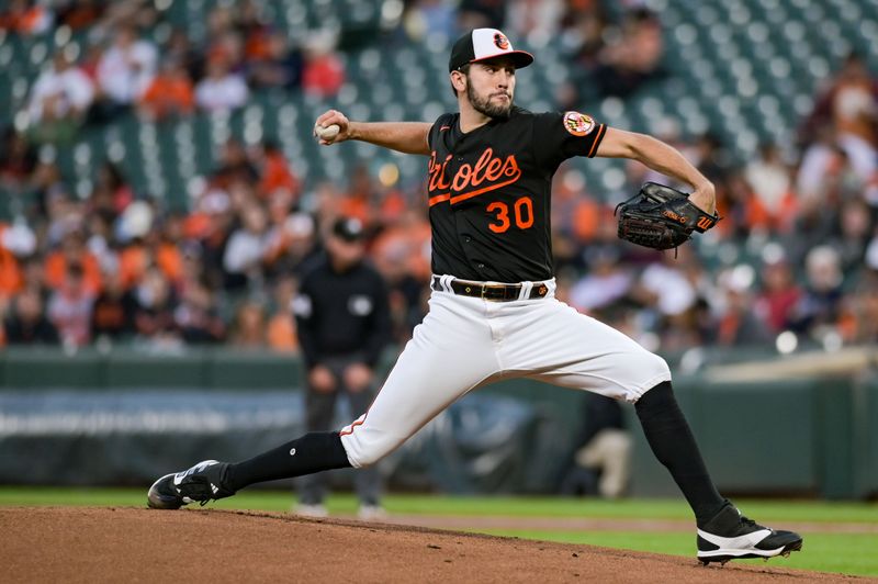 Sep 27, 2023; Baltimore, Maryland, USA;  Baltimore Orioles starting pitcher Grayson Rodriguez (30) throws a first inning pitch against the Washington Nationals at Oriole Park at Camden Yards. Mandatory Credit: Tommy Gilligan-USA TODAY Sports