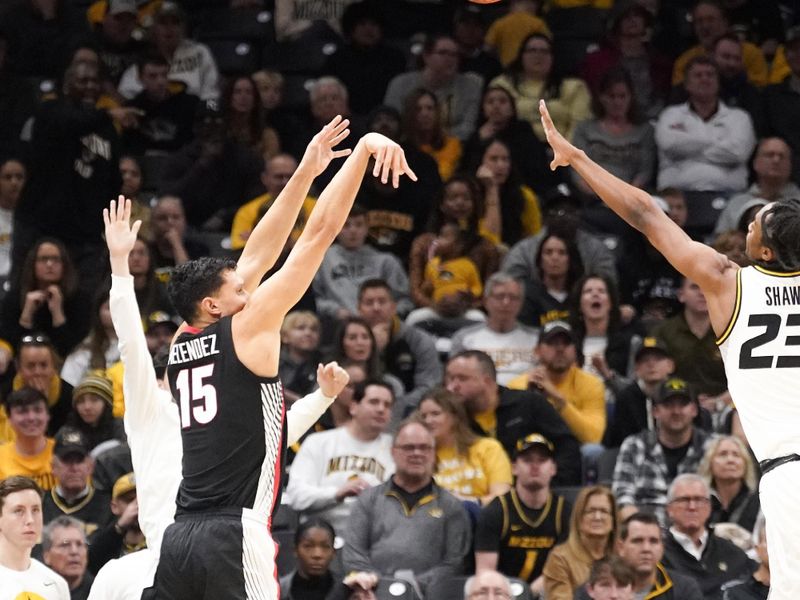 Jan 6, 2024; Columbia, Missouri, USA; Georgia Bulldogs guard RJ Melendez (15) shoots a three point shot as Missouri Tigers forward Aidan Shaw (23) defends during the first half at Mizzou Arena. Mandatory Credit: Denny Medley-USA TODAY Sports