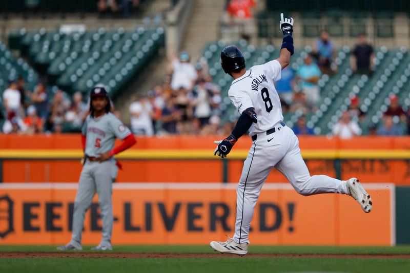 Jun 12, 2024; Detroit, Michigan, USA;  Detroit Tigers third baseman Matt Vierling (8) celebrates after he hits a home run in the first inning against the Washington Nationals at Comerica Park. Mandatory Credit: Rick Osentoski-USA TODAY Sports
