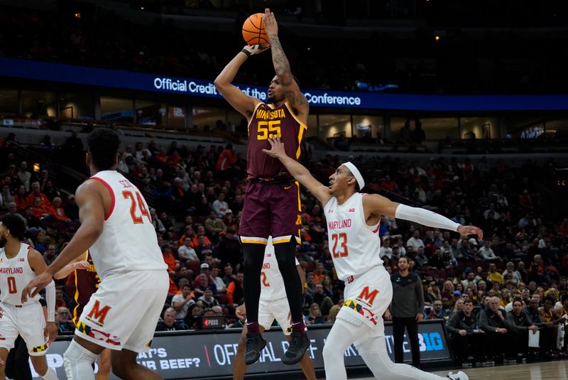 Mar 9, 2023; Chicago, IL, USA; Maryland Terrapins guard Ian Martinez (23) defends Minnesota Golden Gophers guard Ta'lon Cooper (55) during the first half at United Center. Mandatory Credit: David Banks-USA TODAY Sports