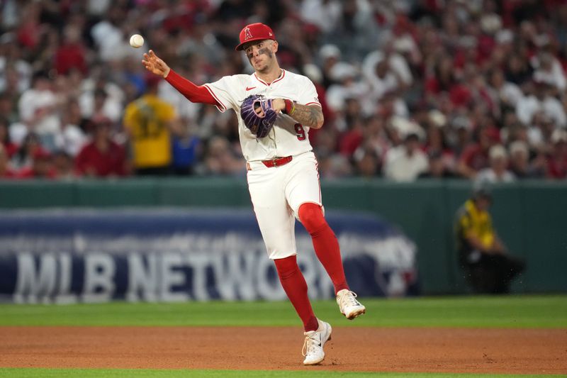 May 9, 2025; Anaheim, California, USA; Los Angeles Angels shortstop Zach Neto (9) throws to first base in the fifth inning against the Baltimore Orioles at Angel Stadium. Mandatory Credit: Kirby Lee-Imagn Images