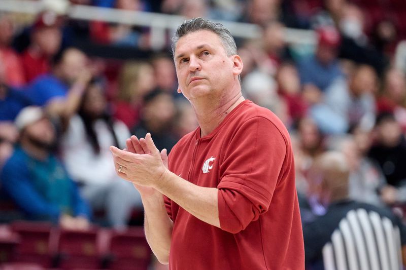 Jan 18, 2024; Stanford, California, USA; Washington State Cougars head coach Kyle Smith reacts during the first half against the Stanford Cardinal at Maples Pavilion. Mandatory Credit: Robert Edwards-USA TODAY Sports