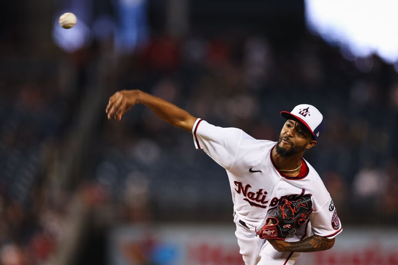 Jun 7, 2023; Washington, District of Columbia, USA; Washington Nationals relief pitcher Carl Edwards Jr. (58) pitches against the Arizona Diamondbacks during the seventh inning at Nationals Park. Mandatory Credit: Scott Taetsch-USA TODAY Sports