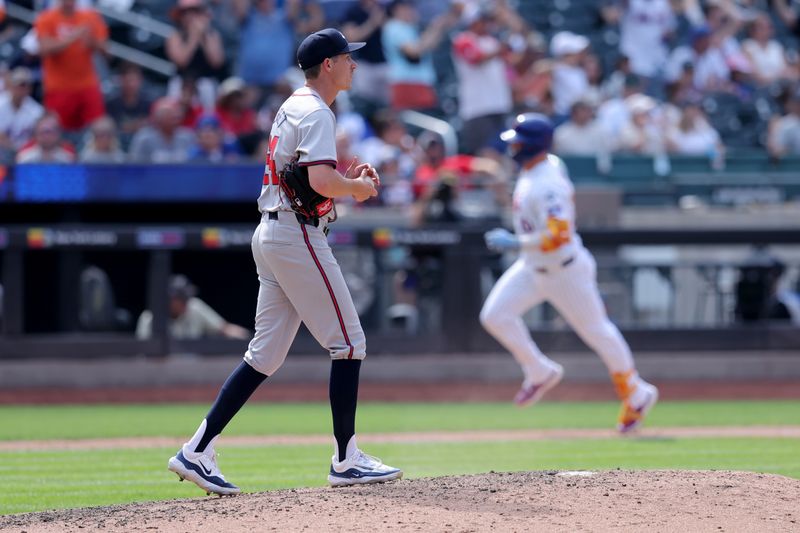 Jul 28, 2024; New York City, New York, USA; New York Mets first baseman Pete Alonso (20) rounds the bases after hitting a two run home run against Atlanta Braves relief pitcher Jimmy Herget (64) during the eighth inning at Citi Field. Mandatory Credit: Brad Penner-USA TODAY Sports