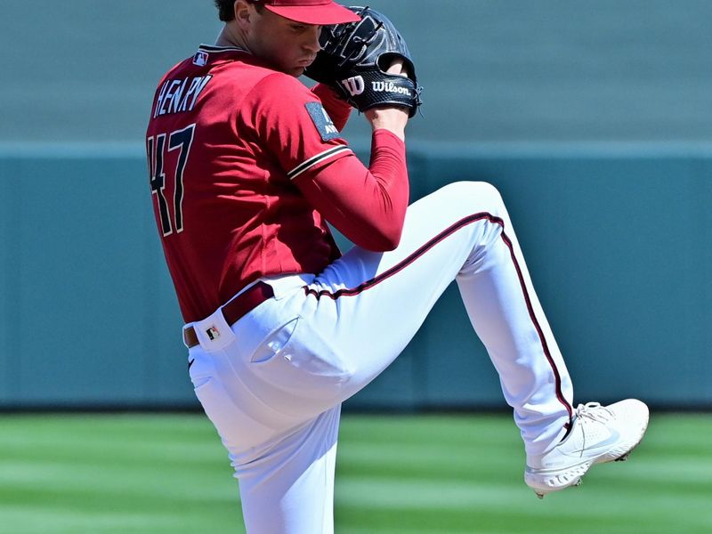 Mar 8, 2023; Salt River Pima-Maricopa, Arizona, USA; Arizona Diamondbacks starting pitcher Tommy Henry (47) throws in the first inning against the Texas Rangers during a Spring Training game at Salt River Fields at Talking Stick. Mandatory Credit: Matt Kartozian-USA TODAY Sports